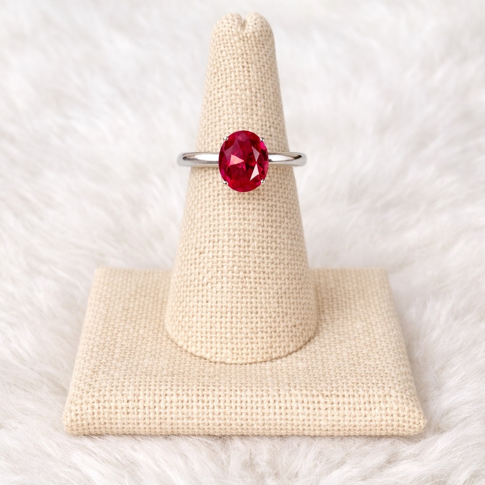925 Sterling Silver Oval Ruby Solitaire Ring Size 7 Red Gemstone Classic Ring
